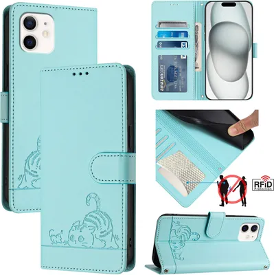 Image de Etui en cuir pour iPhone 11, étui Flip avec fonction stand et portefeuille vert clair
