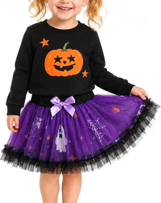 Imagen del producto de Conjunto de Halloween para niña: suéter de manga larga + falda de tul