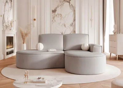 Productafbeelding van Designbank, hoekbank, model ARLET, bekleding: stof Riviera, kleur: lichtgrijs, met ottoman aan de rechterkant