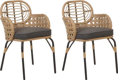Obrázek produktu pro BELIANI Sada 2 židlí z umělého ratanu přírodní s šedými polštáři na sezení pletené opěradlo a područky boho design