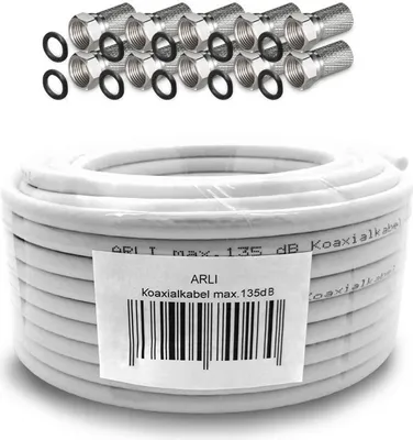 Produktbild von 20m ARLI Koaxialkabel – max. 135 dB 5-fach geschirmt UV-beständig + 10x F-Stecker mit breiter Mutter & Dichtring für DVB-S DVB-T2 4K HDTV