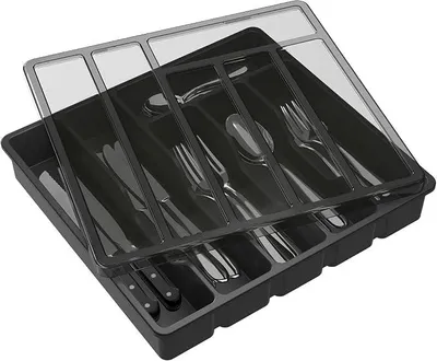 Produktbild von PolkaHome® Besteckkasten mit Deckel, Besteck-Organizer für Schublade und Arbeitsplatte, Kunststoff-Besteckaufbewahrung für Löffel,