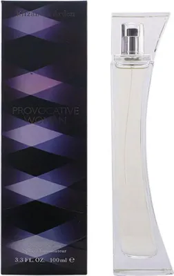 A perfume bottle and its packaging are displayed side-by-side against a white background.