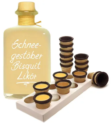 Produktbild von Schneegestöber Bisquit Sahnelikör 0,5L 15%Vol mit 8 Waffelbechern & Becherhalter
