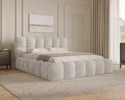 Produktbild von MOEBLO Polsterbett Bubble Bett 19 – Doppelbett im Wolkenbett-Design mit Bouclé-Bezug, gepolstertem Kopfteil, Bettkasten, Gasfedermechanismus und Lattenrost - 180x200 cm - Silber (Arena 15)