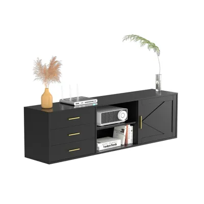 A black media console with drawers and shelves, decorated with a vase of dried flowers and a plant in a glass vase.