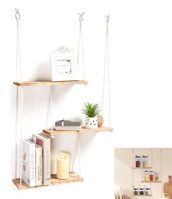Produktbild von 3-stufiges Holz-Wandregal für Pflanzen – Makramee Wandbehang Regal – Boho Schweberegal aus Treibholz für Wohnzimmer, Schlafzimmer & Badezimmer