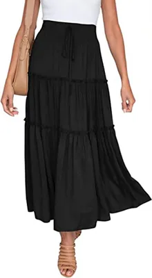 Produktbild von ASKSA Damen Elegant Maxirock Elastische Hohe Waist Rock A-Linie Ruffle Hem Kordelzug Swing Maxi Skirt, Schwarz, M
