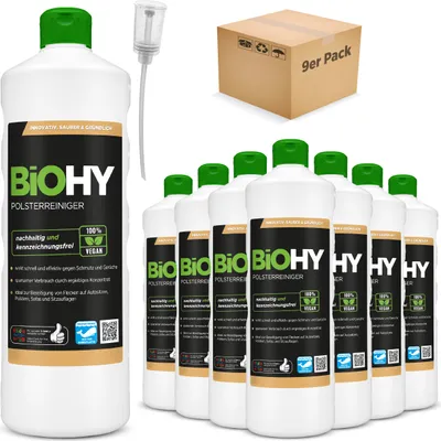 Produktbild von BiOHY Spezial Polsterreiniger (9x1l Flasche) + Dosierer | Ideal für Autositze, Sofas, Matratzen etc. | Ebenfalls für Waschsauger geeignet