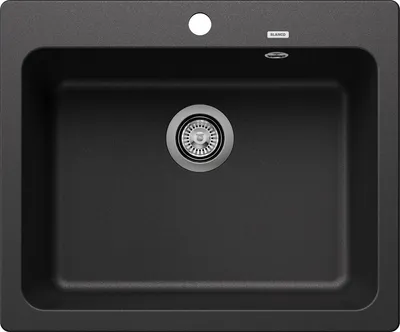 A top-down view of a black kitchen sink.