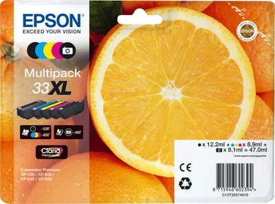 Zdjęcie produktu dla Epson Oranges Multipack 5-colours 33XL Claria Premium Ink, Wysoka (XL) wydajność, Czarny, Czarny fotograficzny, Cyjan, Purpurowy, Żółty, Tusz na bazie pigmentu, Atrament barwnikowy, 12,2 ml, 8,9 ml