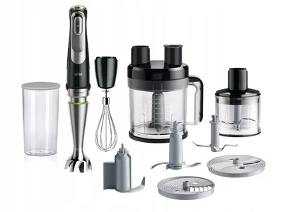 A collection of kitchen blender attachments and a blender base are displayed against a white background.