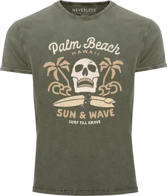 Produktbild von Neverless® Herren T-Shirt Surf-Motiv Totenkopf Palm Beach Vintage Shirt oliv L