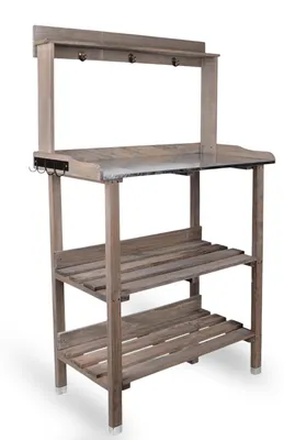 Immagine prodotto di Tavolo portapiante da giardino - 76 x 38 x 91 cm - Legno - Piano in zinco - Due ripiani