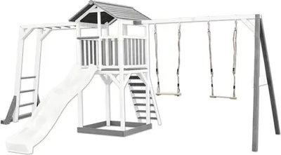Productafbeelding van AXI Beach Tower Speeltoestel van hout in Grijs en Wit | Speeltoren met zandbak, klimrek, dubbele schommel en witte Glijbaan | Speelhuis op palen voor de tuin