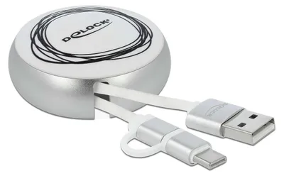 Produktbild von DeLOCK USB 2.0 2 in 1 Aufrollkabel Typ-A zu Micro-B und USB-C™ weiß / silber, 0,92 m, USB A, USB C/Micro-USB B, USB 2.0, Silber, Weiß