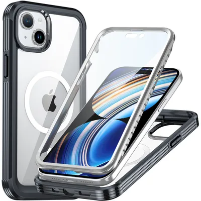 Obrázek produktu pro Pouzdro pro iPhone 15, kompatibilní s MagSafe, 360° celotělová ochrana s průhledným zadním krytem a ochrannou fólií na displej černé