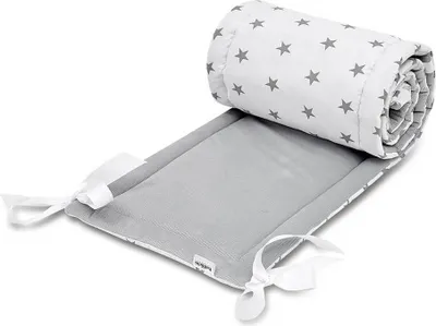 Produktbild von Bellochi Kantenschutz Baby Babybett Umrandungen Nestchen Kopfschutz Gitterbett Umrandung 180x30 cm für Kinderbett mit Rausfallschutz Baby Beistellbett 120x60 cm - grau und graue Sterne