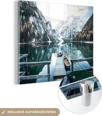 Produktbild von MuchoWow Glasbilder - Bilder auf Wandbild - Foto auf Glas Natur - Berge - Schnee - Wald - Boot 50x50 cm Wanddekoration aus Glas - Acrylglasbild - Acrylbilder - Wandbild auf Glas