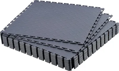 Produktbild von PVC Garagenboden - Klickfliesen 16er-Pack - 51,3 x 51,3 x 0,5 cm - Rutschfest - Riffelblech-Optik - Klick-Verlegung - Für Garage, Werkstatt & Lager - Graphitgrau