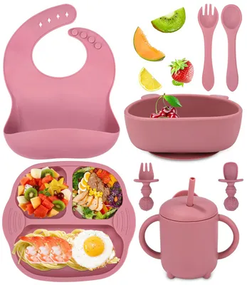 Produktbild von 8-teiliges Kindergeschirrset mit Saugnapf, Babygeschirr, Lätzchen, Schüssel, Löffel, Gabel, Babytrinkbecher, Silikonteller, rutschfest, BPA-frei