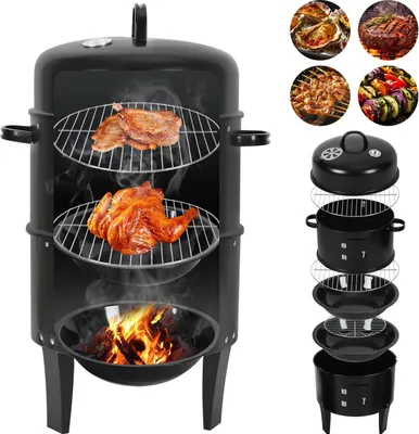 Obrázek produktu pro Izrielar Smoker Udírna Gril na dřevěné uhlí Udírna 3 v 1 Smoker Grill 80 cm Ø 40 cm Grilovací sud