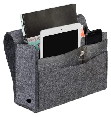 Produktbild von Bett-Organizer Bettablage Nachttisch-Tasche - 6 Fächer - Klettverschluss - Dunkelgrau