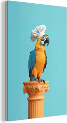 Produktbild von MuchoWow Wanddekoration Metall Metallbild Wandkunst 60x90 cm Papagei - Kochmütze - Lustig - Vogel MuchoWow Aluminium Gemälde - Wandbilder - Aluminium