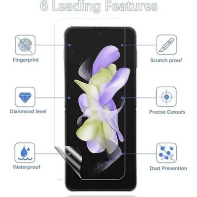 A marketing image showing a screen protector applied to a foldable phone, with icons and text highlighting its features.
