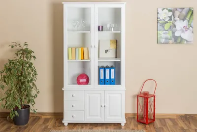 Produktbild von Bücherregal Bücherschrank Büchervitrine - 102 cm breit, Kiefer Holz-Massiv, Optik: Weiß