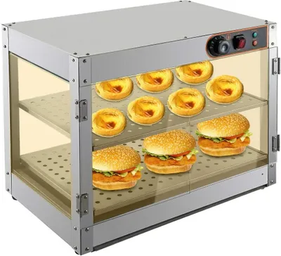 Obrázek produktu pro Ohřívací vitrína 800W Ohřívací vitrína 30-85 °C Ohřívací vitrína Burger Kuřecí stehna Vitrína Dvouvrstvá skříňka na potraviny