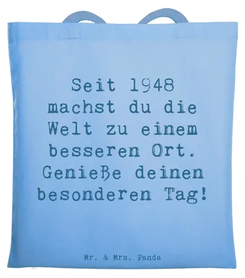 Produktbild von Mr. & Mrs. Panda Jutebeutel Spruch 1948 Geburtstag - Sky Blue - Geschenk, Happy Birthday, Geburtsjahr, Stoffbeutel, Alter, Tote Bag, Feier, Erinnerungen, Tasche