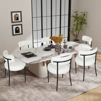 Produktbild von Puluomis Esszimmerstühle 6er Sets Küchenstühle Polsterstuhl mit Rücklehne, Abnehmbarer Überzug, Wolle Boucle weiß