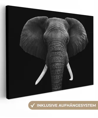 Produktbild von MuchoWow® - Leinwandbilder - Elefant - Wildtiere - Schwarz - Weiß - Porträt, Wandbild, Wanddeko Bilder Wohnzimmer, 120x90 cm