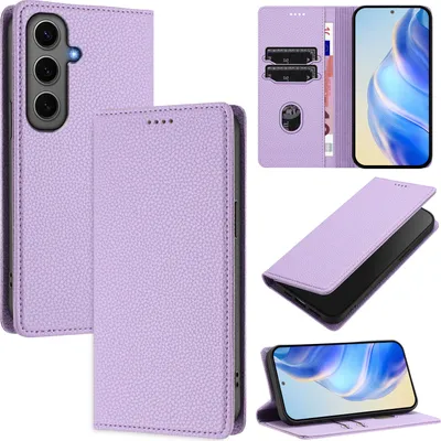Produktbild von Litchi Leder Handyhülle für Samsung Galaxy S24+ Wallet Kartenfächer Standfunktion Hülle Violett