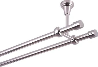 A close-up view of a double curtain rod system mounted to a ceiling.