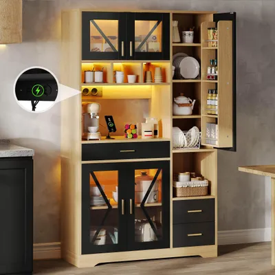 Produktbild von Flieks Küchenschrank mit LED-Beleuchtung und Steckdosen, Vitrinenschrank mit verstellbaren Einlegeböden, Hochschrank 105x40x185cm, Naturfarbe, Schwarz