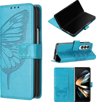 Produktbild von Galaxy Z Fold3 Hülle, Schmetterling Prägung Flip Leder Kartenfächer Schutzhülle Ledertasche mit Ständer für Samsung Galaxy Z Fold3 Blau