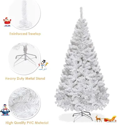 A white artificial Christmas tree with a metal stand, shown with inset images highlighting its features.