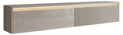 Produktbild von Modernes TV-Lowboard 170 cm LUMI IV Kaschmir Hochglanz - Hängender, geriffelter Fernsehschrank mit LED-Beleuchtung & Push-to-Open