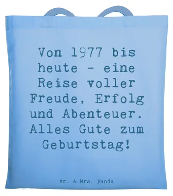 Produktbild von Mr. & Mrs. Panda Tote Bag Spruch 1977 Geburtstag - Sky Blue - Geschenk, einkaufstasche baumwolle, Happy Birthday, Laptoptasche, Schultasche, Geburtstagsgeschenk, Jahrgang
