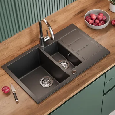 Zdjęcie produktu dla Zlewozmywak Bergström Seattle Czarny 80 x 50 cm z 2 umywalkami i miejscem do suszenia, Model 57783