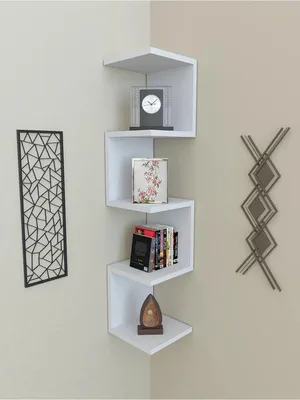 Image de Étagère murale d'angle en zigzag, 5 tablettes, MDF blanc, 111 x 22,3 cm