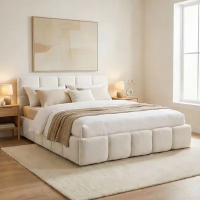 Produktbild von Polsterbett CLOUDY gepolstert 180 x 200 cm, Cremeweiß – modernes Doppelbett mit Bouclé Stoffbezug, inklusive Lattenrost und Rückenlehne, gepolstertes Kopfteil
