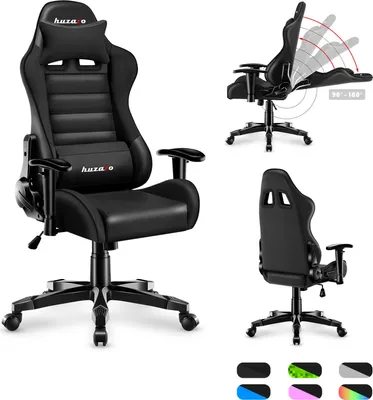 Produktbild von Huzaro RANGER 6.0 Gaming Stuhl für Kinder (100-160 cm), Schwarz, bis 130 kg, mit Lenden-/Nackenkissen, verstellbaren Armlehnen, neigbarer Rückenlehne, Wippfunktion, stufenloser Sitzhöhenverstellung, aus atmungsaktivem PU-Leder, Stahl & Kaltschaum, bodenschonende Rollen, SGS-zertifiziert, ideal zum Lernen & Spielen.