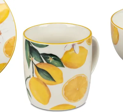 Produktbild von Becher, Tasse Fresh Lemon Zitronen für 325ml weiß gelb Porzellan Formano S25
