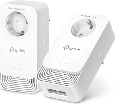 Two white TP-Link powerline adapters are shown against a white background.