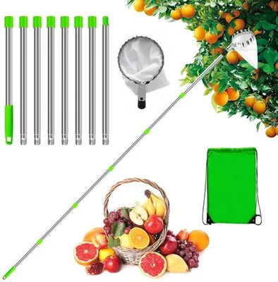Imagen del producto de Unyqoos® - Recolector de frutas con mango telescópico ajustable de hasta 3,2 metros, cesta de recolección de acero inoxidable de 20x16 cm con bolsa de algodón para recoger las frutas, 8 elementos telescópicos, ideal para manzanas, naranjas y otras frutas.