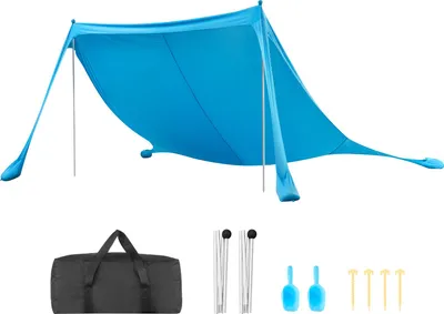 Produktbild von SucceBuy Strandzelt mit Sonnenschutz (UPF 50+) 3,4 x 3,4 x 2 m, Strandmuschel mit stabilen Stützstangen, Sandschaufeln und Tragetasche, Praktisches Sonnensegel für Familienausflüge, Camping und Angeln in Blau