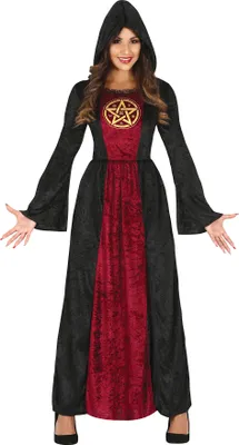 Produktbild von Halloween Hexenkleid Mit Kapuze Rot Schwarz Mystische Priesterin Dunkler Zauber Magische Nacht Kostüm, Größe: 42 - 44 (L) Farbe: Rot